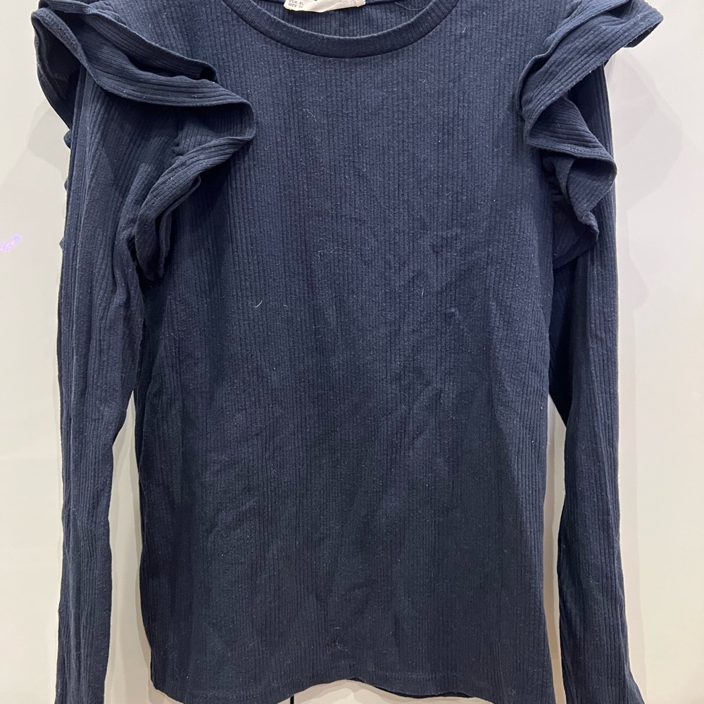 SFERA Navy Ruffled Long Sleeve Top